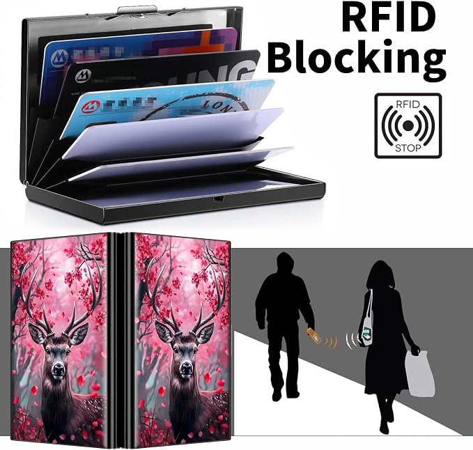 Metal Wallet, Credit Card Holder for Women Men Girls, RFID Blocking Aluminum Wallet Slim Hard Case, Mini Travel Wallet, ID Card Holder Business Card Case,Deer Elk