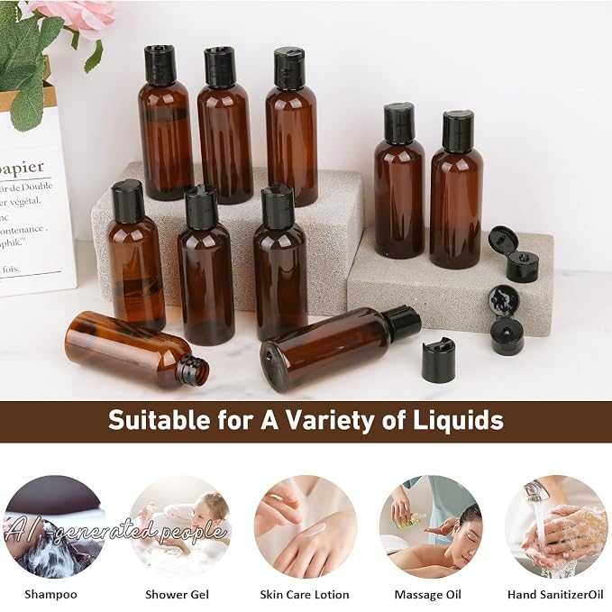 20 Pack 3.4 oz Travel Bottles for Toiletries TSA Approved Leak Proof Travel Size Containers Plastic Empty Shampoo Bottles with Labels Squeeze Bottle Toiletry Accessories(Brown)