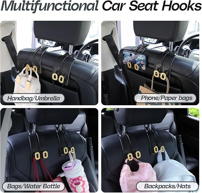 Car Headrest Hooks Universal Car Purse Hook Premium Leather and Alloy Twin Hook Car Seat Back Storage Hanger Hook for Purse Bags Cloth Drink Durable Holder Car Accessories (BH09-Black-Gold)