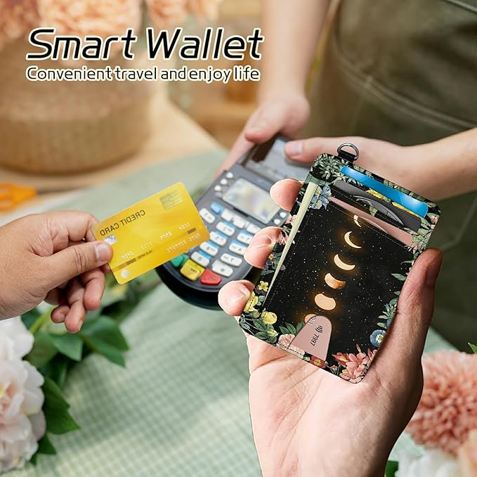 Small Travel Wallets, Moon Flower Slim Minimalist Front Pocket Wallet with Wristlet, RFID Blocking PU Leather Credit Card Holder with ID Window Change Purse for Men Women