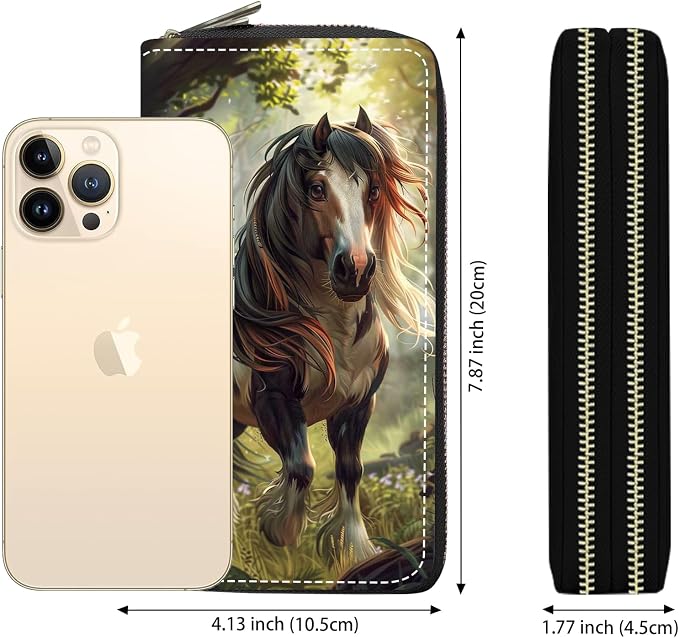 Women's Large Capacity Wallet PU Leather Double Zipper Clutch Purse Multifunctional Wallet with Removable Wristlet Strap for Smart Phone/Coin/Card/Cash, Horse
