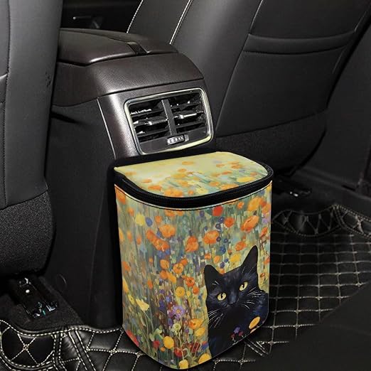 Talayituse Cat Flower Print Car Trash Can with Lid, Leak Proof Auto Trash Bag Hanging Vehicle Garbage Can Multipurpose Storage Container for Back Seat Road Trip