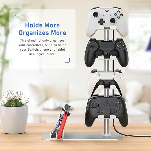 MANMUVIMO Controller Holder for 8 Xbox PS5 PS4 Gaming Controller, Controller Stand Desk, Gamer Gifts for Men, Organizer Rack for Headset/iPad/Mobile Phone, Gaming Room Accessories(White)