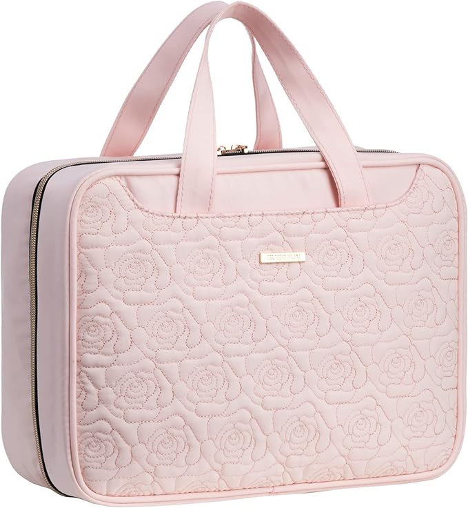 Everfun Hanging Toiletry Bag for Travel, Mothers Day Gift for Mom, 12x9x4.5 inch Large Capacity Cosmetic Organizer with Leakproof Wet/Dry Compartment, Waterproof Dopp Kit for Women Pink