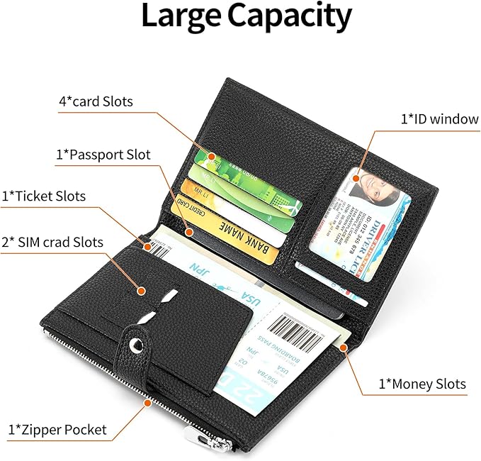 RNIEGA Passport Holder for Women Leather Passport Wallet for Travel RFID Blocking Passport Wallet Credit Card Holder with Zipper Pocket
