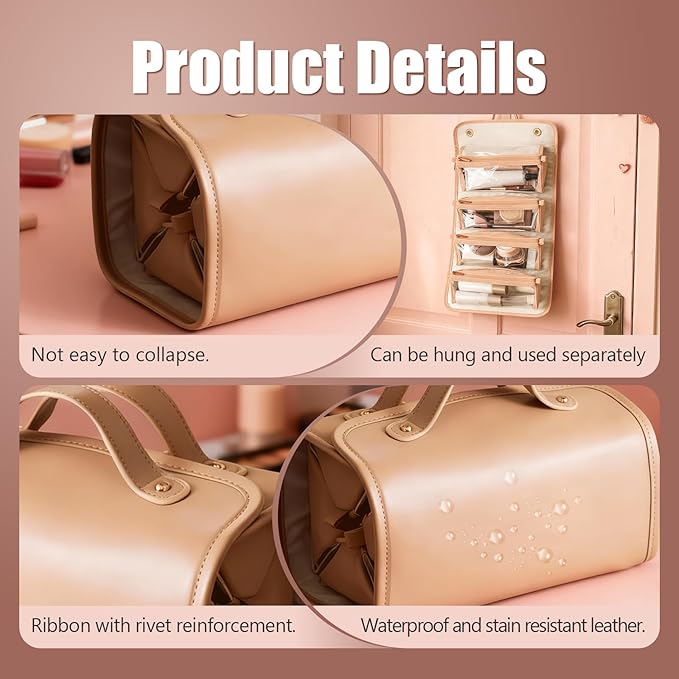 Large Expandable Makeup Bag, 4-in-1 Waterproof Makeup bag, Cosmetic Bag with Detachable Interior Pockets, Ideal for Women Travel Essentials(Brown)