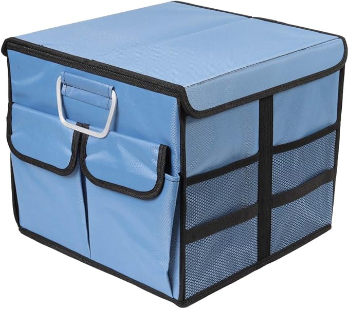 Car Trunk Organizer Collapsible Portable Multi Compartments Organizer with Non Slip Straps for SUV Truck Auto Vehicle Car Auto Minivan (Small covered, Blue)