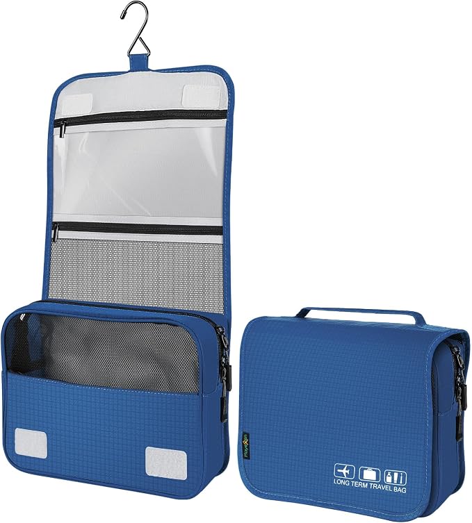 Hanging Travel Toiletry Bag, Portable Travel Cosmetic Organizer Bag for Women Men, Waterproof Toiletries Wash Bag with 4 Compartments & Hanging Hook (Dark Blue)