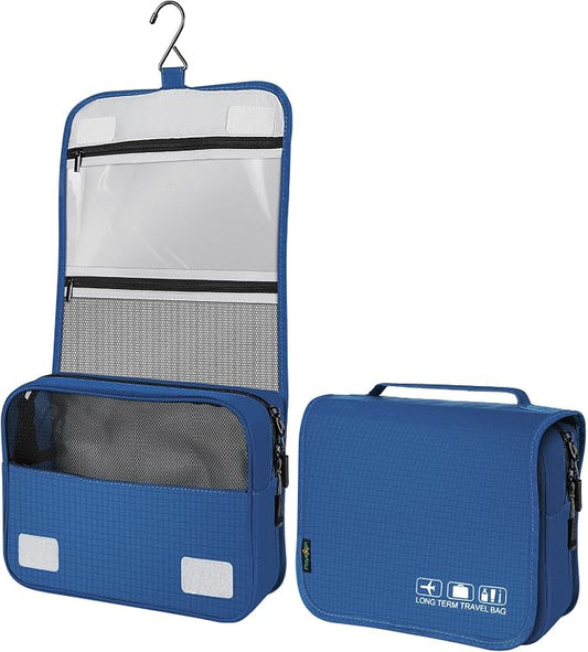 Hanging Travel Toiletry Bag, Portable Travel Cosmetic Organizer Bag for Women Men, Waterproof Toiletries Wash Bag with 4 Compartments & Hanging Hook (Dark Blue)