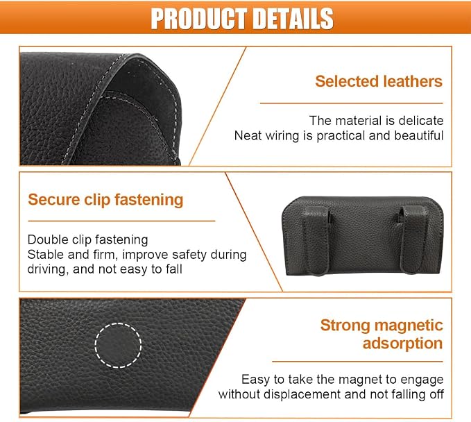Sunglass Holder for Car Visor, Magnetic Leather Auto Sun Visor Eyeglasses Protective Storage Case with Mount Clip, Vehicle Interior Eyewear Organizer Accessory for Most Cars (Black)