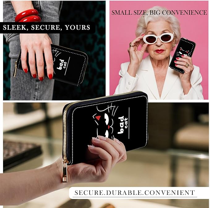 RFID-Blocking Zip Around Wallets for Women with Detachable Wrist Strap,Large Capacity Phone Holder with Card Organizer & Coin Pocket,Funny Cat