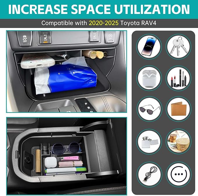 2PCS Center Console Organizer Tray Compatible with 2019-2025 Toyota RAV4 & Prime Accessories, ABS Material Insert Gear Shift Divider Slot & Armrest Storage Box for RAV-4 Interior Accessories