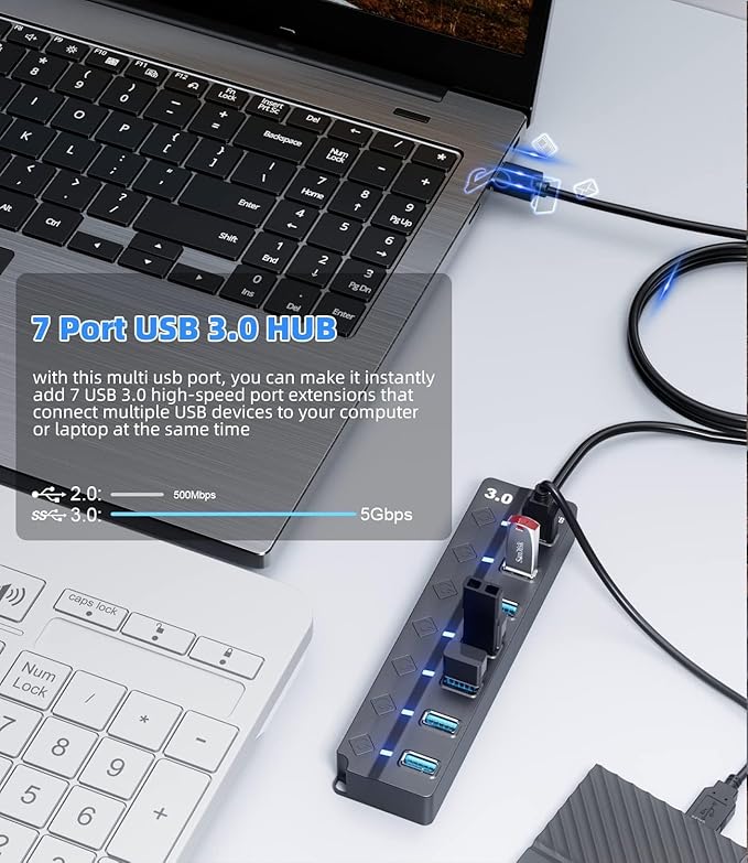 USB 3.0 Hub, 7-Port with Individual On/Off Switches & LED Indicators, 5Gbps High-Speed Data Hub for Laptop, PC, MacBook, Surface Pro, PS5, HDD, Flash Drive (4ft Cable)
