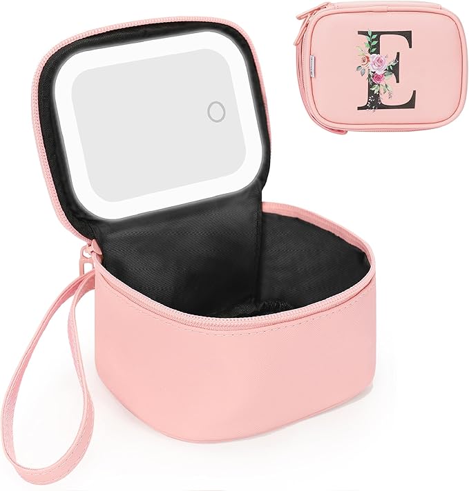 Relavel Initial Makeup Bag with Led Mirror for Women, Mini Cosmetic Bag for Travel, Personalized Cute Makeup Pouch with 3 Light Modes, Preppy Birthday Gifts for Kids Teen Girls - Pink E