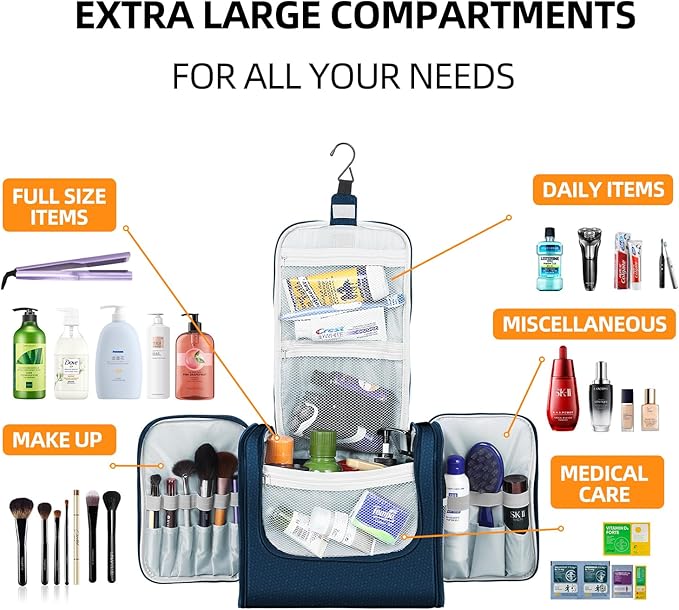 Buruis Extra Large Toiletry Bag for Women and Men, Hanging Travel Bag with Detachable Shoulder Strap for Full-Sized Toiletries, Water-Resistant Dopp Kit for Family Use and Long Trips, Blue