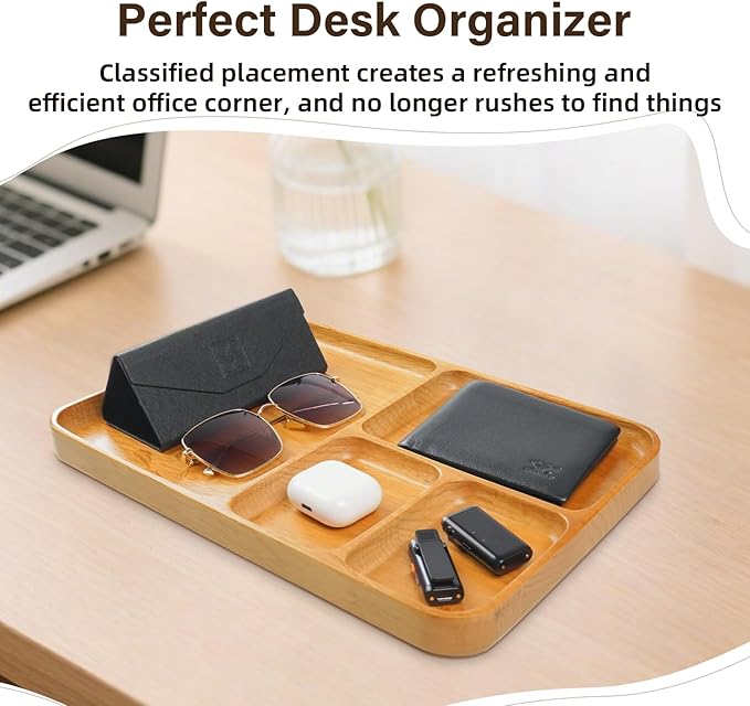 Desk Drawer Organizer Tray Wooden Valet Trinket Catch All Key Nightstand Tray with 4 Deep Dividers, 14x10x1'', Solid Wood Carved