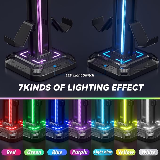 KDD RGB Headset Stand with 9 Light Modes - Controller Holder for Desk - Rotatable Headphone Stand & Detachable Controller Hook for PC Earphone Accessories(Black)