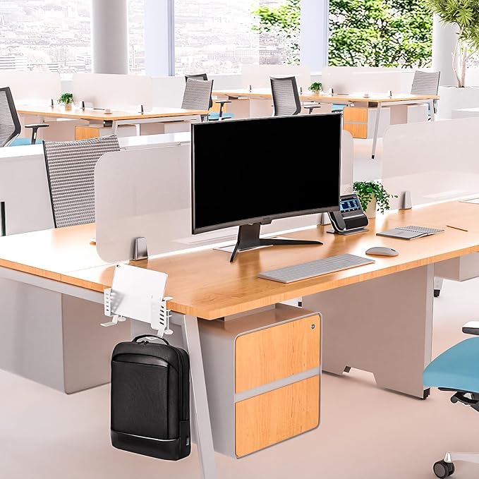 Adjustable Desk Side Laptop Holder with Headphone Stand - No Drill Clamp Organizer for Laptops, Tablets, Keyboards (White) - Sturdy Steel & Silicone Pad Protection