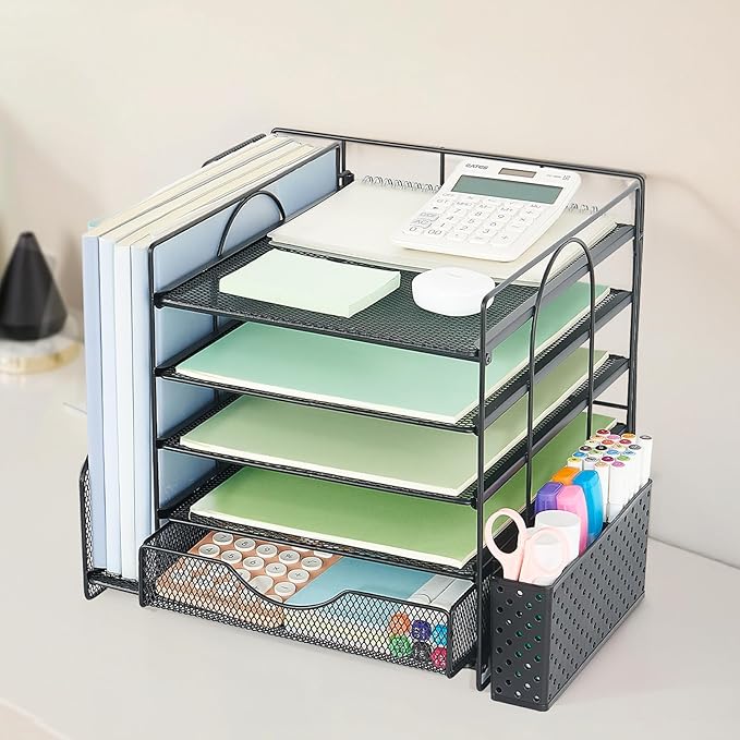 2-Tier Desk Shelf + 5-Tier Paper Letter Tray Organizer