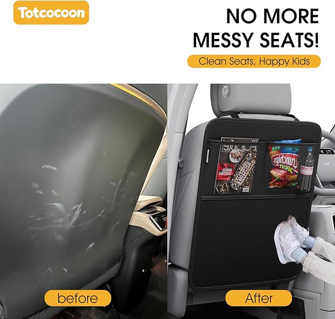 Car Back Seat Protector, 2-Pack Black Waterproof Kick Mats with Custom Storage Pockets, Universal Fit 600D Oxford Fabric Backseat Covers, X-Large Size with Zipper Storage Bag