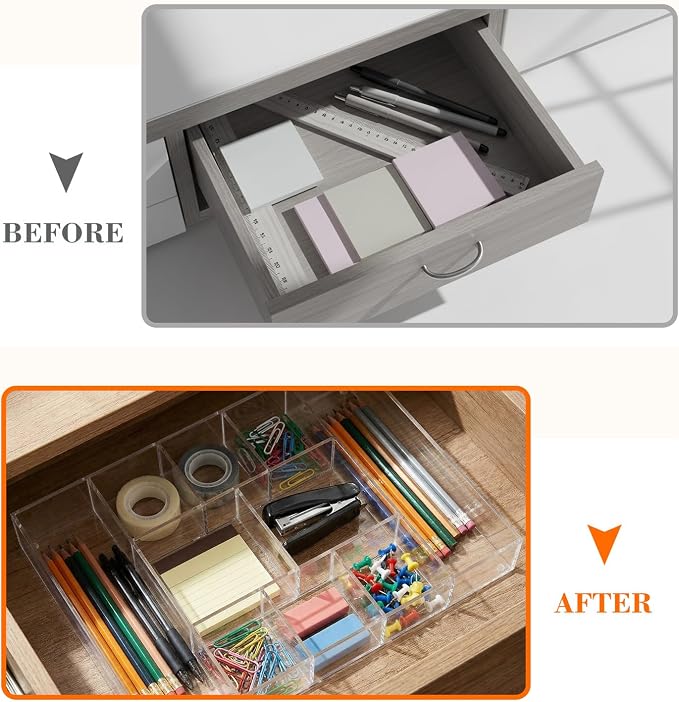 Large Acrylic Desk Deep Drawer Organizer with Adjustable Dividers, Anti-skip Clear Desk Top Junk Drawer Storage Tray for Pens, Desktop, Office, Bathroom, Kitchen, Makeup Supplies(10 Compartments)