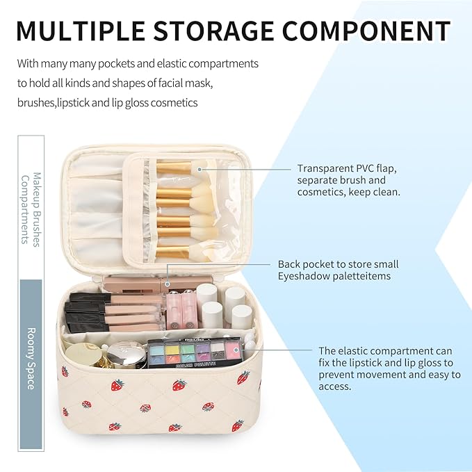 OCHEAL Makeup Bag,Travel Makeup Organizer Bag, Large Capacity Cosmetic Bags For Women Large Travel Toiletry Bag Girls Traveling With Brush Slot And Divider-Strawberry