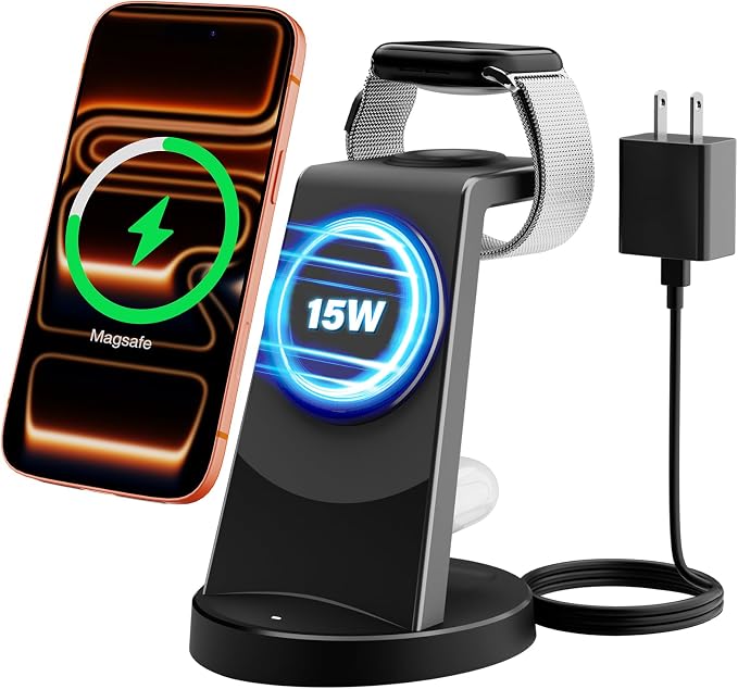 3-in-1 Magnetic Wireless Charger Stand for Apple, 15W Fast Charging Station for iPhone 17 16 15 14 13 Pro Max, AirPods, Watch-Desktop Stand with Sleep-Friendly Light, Ideal for Bedside & Desk