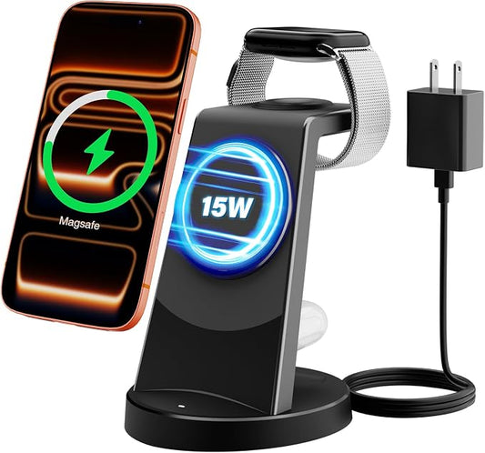 3-in-1 Magnetic Wireless Charger Stand for Apple, 15W Fast Charging Station for iPhone 17 16 15 14 13 Pro Max, AirPods, Watch-Desktop Stand with Sleep-Friendly Light, Ideal for Bedside & Desk