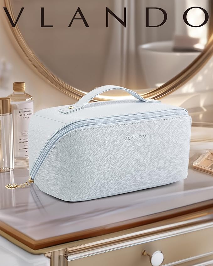 VLANDO Makeup Bag,Travel Toiletry Bag,Cosmetic Bag for Women PU Leather Portable Make up Bag for Skincare, Brushes & Travel Essentials-Baby Blue