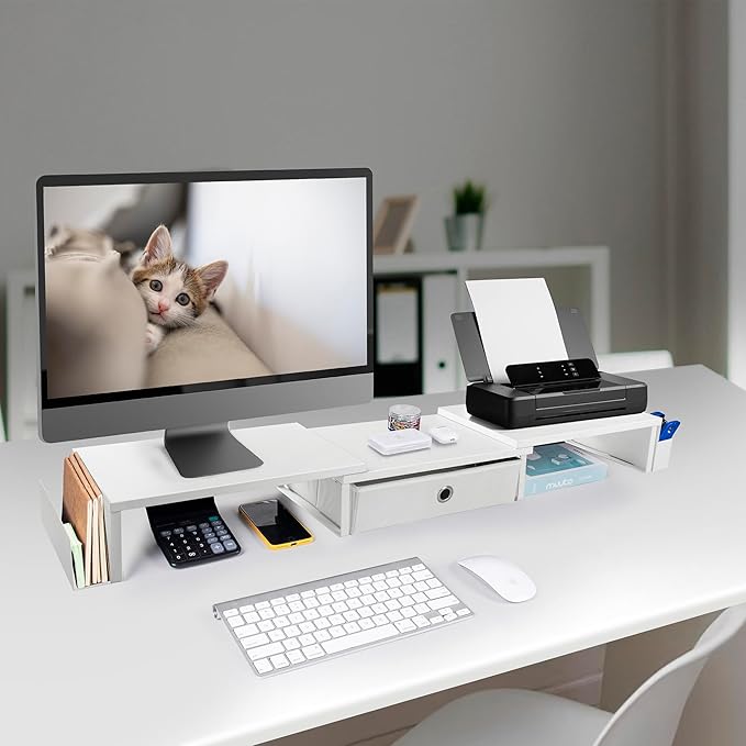 RUILALIFE Dual Monitor Stand Riser w/ Drawer & Metal Leg, Large White Computer Monitor Riser w/ Storage For 2 Screens, Desk Shelf w/ Adjustable Length & Angle, Desktop Organizer