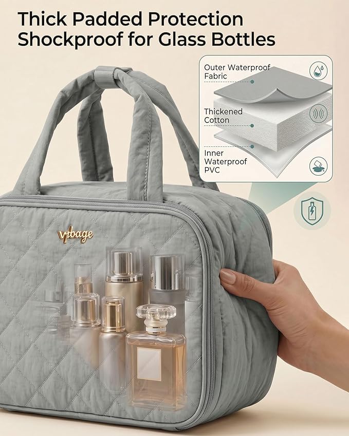 Lightweight Structured Travel Toiletry Bag for Women - Wide-Open Puffer Mini Duffel with Removable Divider, Waterproof Lining, Water-Resistant Exterior, Fits Full-Size Bottles & Shower Essentials