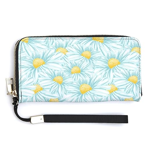 Clutch Wallet Holder for Women Men Blooming Daisies Portable Accordion Zipper Credit Card Storage Bag Waterproof Purse Leather Wallet for Travel Work Shopping