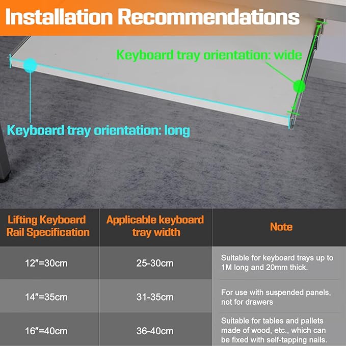 Under Desk Keyboard Tray Pull Out Slide Height Adjustable Slide Out Keyboard Draw Holder Track Full Extension Ball Bearing Under Table Lift Bracket for Mounting Music Keyboard Piano Without Tray