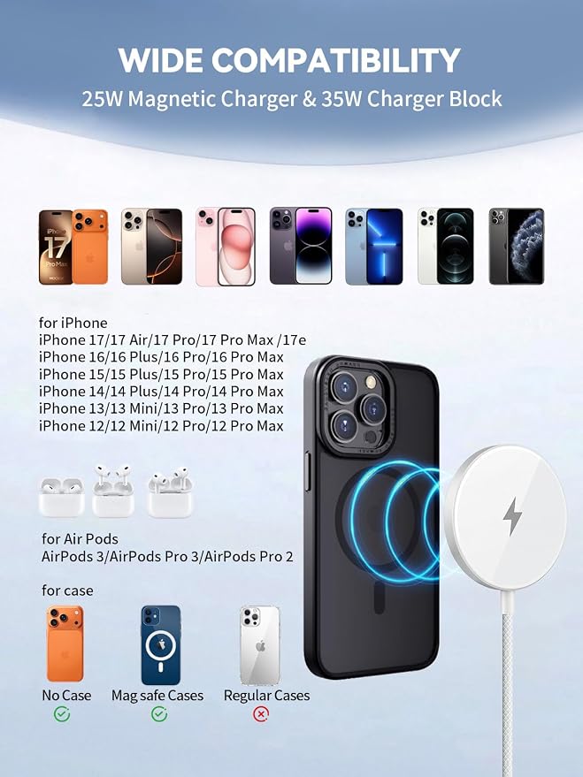 25W Mag Safe Charger 10FT,iPhone 16 17 Magnetic Wireless Fast Charger Wireless Mag Safe Fast Charging Pad with 35W USB C Brick Block Plug for iPhone Air 17/16/15/14/13/12 Pro Max Plus, AirPods Pro 2/3