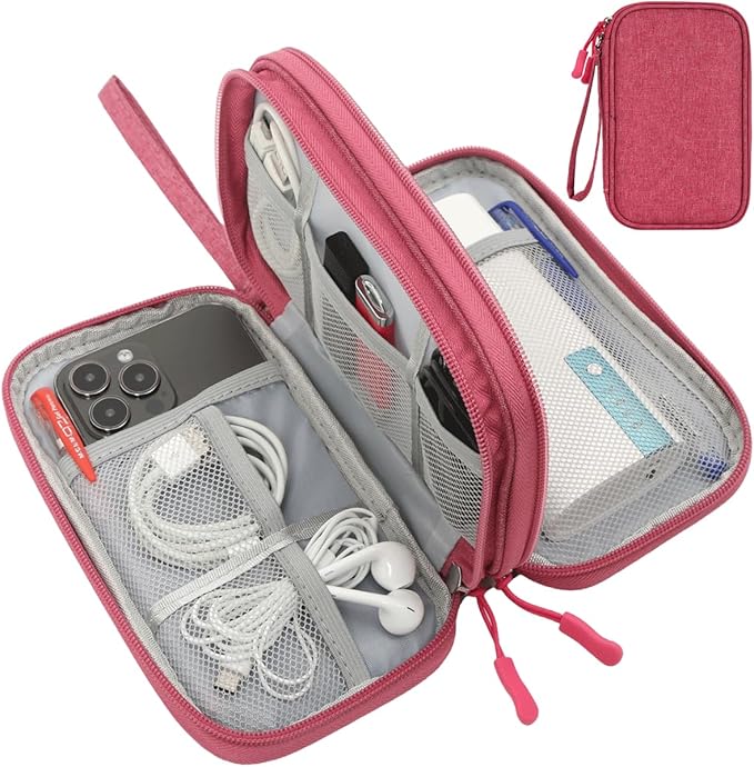 CAAORDKSO Electronic Organizer Travel Case Storage Bag, Universal Electronics Accessories Case Portable Travel Bag for Women, Cable, Cord, Charger, Phone, Power Bank, Earphone (Rose Red, Large)