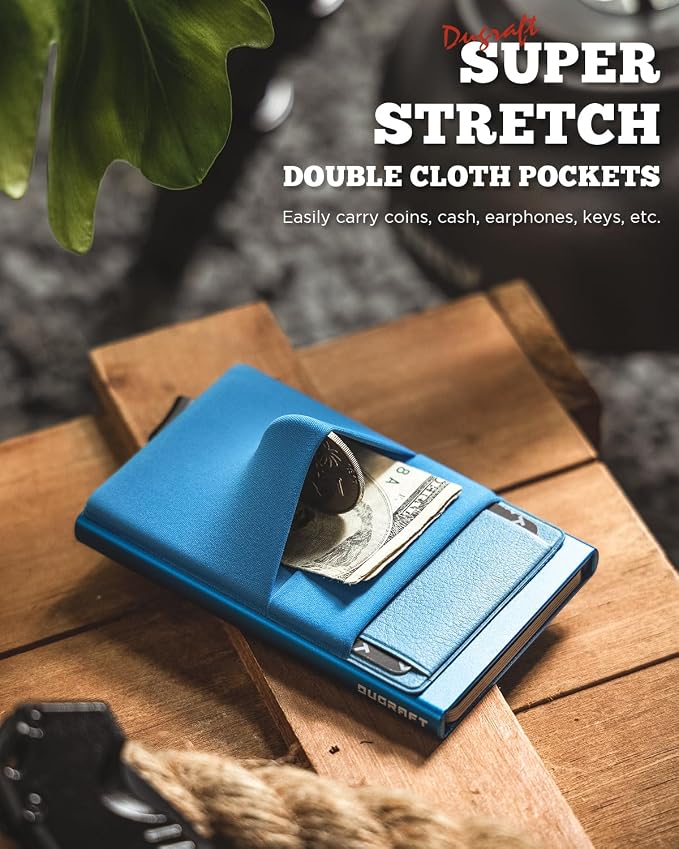 DUGRAFT Minimalist Card Wallet for Men, Slim Wallet Card Holder Pop Up Wallet with Money Front Pocket RFID Blocking Metal Credit Card Case for Men, Small Smart Wallet, Gift Box Packaging (Blue)