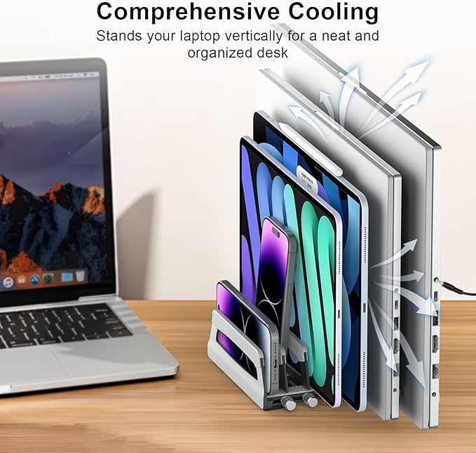 Elestoria 6-Slot Vertical Laptop Stand & Holder ?“Adjustable Aluminum Laptop Stand Vertical for Desk Fits 6 Devices, MacBook & Gaming Laptops (Up to 17.3???“Space Saving Laptop Storage Rack - Grey