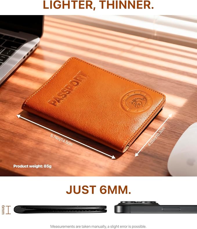 Passport Holder for Travel, Genuine Leather Passport Holder with AirTag Slot, RFID Passport Cover for Airport Essentials, Travel Wallet, Travel Must Haves Gifts