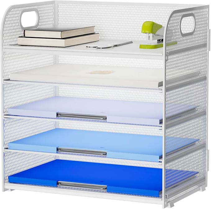 Marbrasse Paper Organizer Letter Tray, 5 Tier Mesh File Organizer with Handle, Paper Sorter Desk Organizer for Home Office Supplies - White