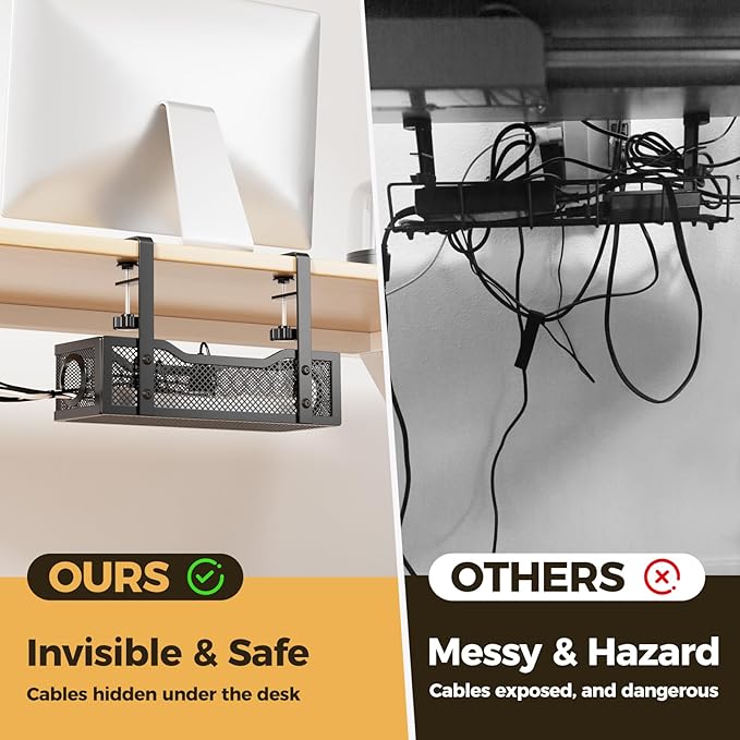 Under Desk Cable Management Tray Black, Cinati Wire Organizers No Drill, Cable Tray with Clamp for Wire Management, Cord Organization Box for Office, Home - No Damage to Desk
