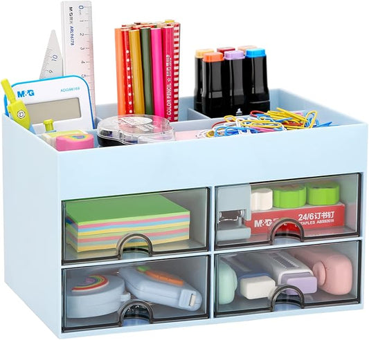 LETURE Office Desktop Organizer with Drawer, Stationary Organizer Desk Caddy, Pen/Pencil/Business Card/Sticky Note Tray/Paperclip Holder Storage Box (Blue)