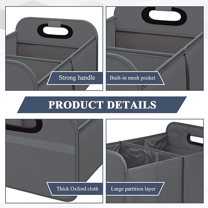 Car Trunk Organizer, Foldable Car Trunk Storage Box with 2 Compartments & Mesh Pocket, Large Capacity, Portable with Handle, Collapsible Backseat Storage Organizer for SUV Truck Sedan (Gray)