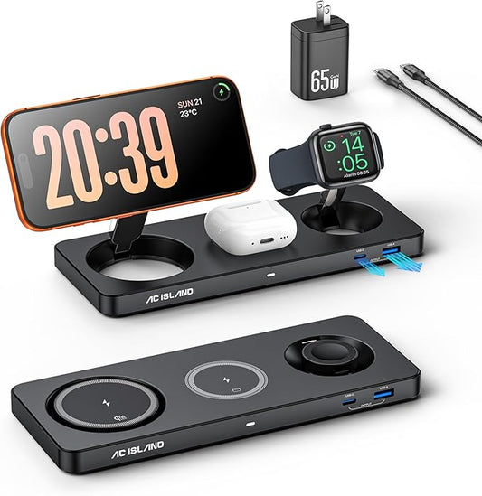 AC ISLAND 5-in-1 Qi2.2 Wireless Charger for MagSafe, 25W Foldable Magnetic Stand, Travel Charging Station for iPhone 17-12 & Air Series, Apple Watch, AirPods, with 65W GaN Adapter (Black, for Apple)