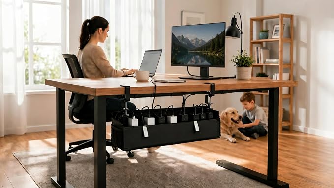 Under Desk Cable Management Tray, 28", Black Standing Under Cable | No Drill, Fabric Cord Organizer with Reinforced Base, Clamp Mount Wire Management, For Office/Home & Standing Desk