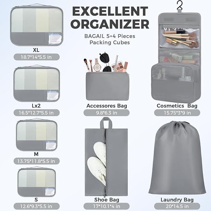 BAGAIL 9 Set Packing Cubes with Packing List Luggage Packing Organizers for Travel Accessories