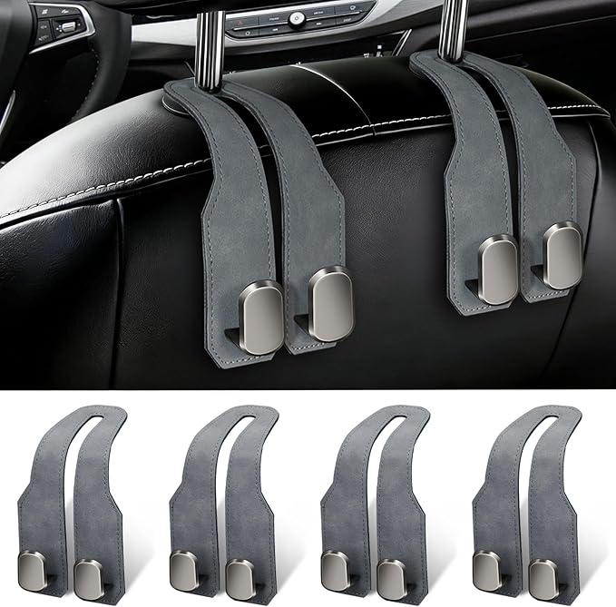 4 Pack Car Seat Headrest Hooks for Purses and Bags, Car Purse Holder With Double Metal Hooks, Headrest Back Seat Handbags Hook, Universal Car Purse Hanger, Cute Car Hanging Accessories, Grey