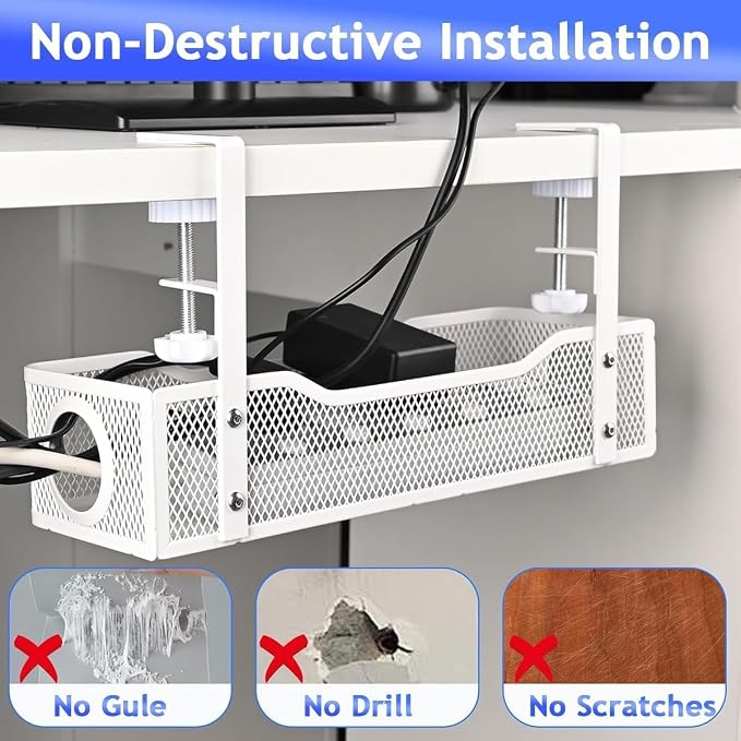 Under Desk Cable Management Tray, Heavy Duty Steel Wire Cord Organizer 13.4 Ich for Computer Desk, No Drill Adhesive or Screw Mount Options, Power Strip Holder for Home | Office | Shop (Silver)
