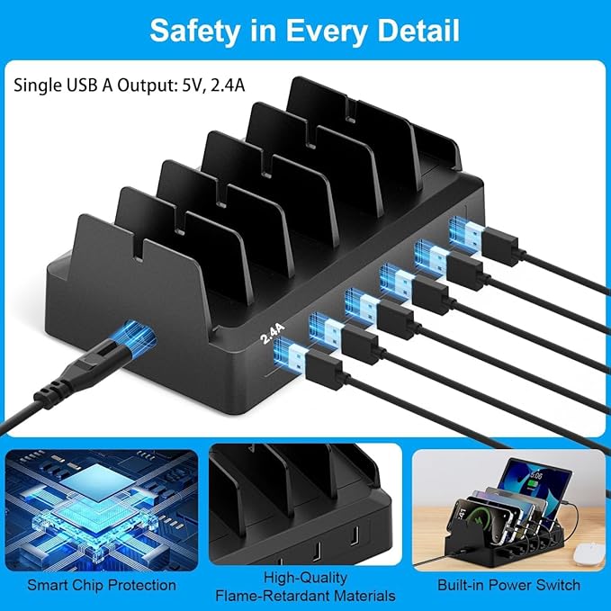 Charging Station for Multiple Devices, 6 Port USB Desktop Charger Dock Compatible with iPad, Samsung, Android, Tablet, Family Multi Phone Charging Organizer with Divider Holders, Fireproof ABS (Black)