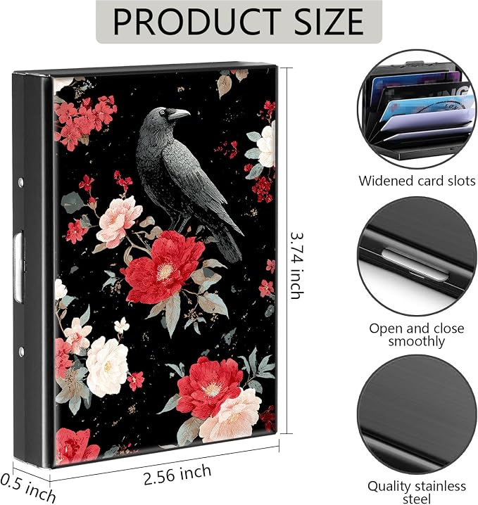 Credit Card Holder Crow Flower Design Mini RFID Blocking Aluminum Wallet Slim Metal Hard Cover Shell Travel Wallet ID Cases Small Credit Cards Case Business Cards for Women Men Girls