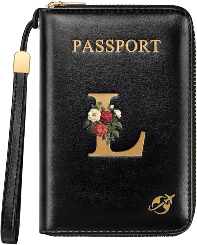 Passport Holder Cover Wallet with Zipper Personalized Initial Letter L Rose Flower RFID Blocking Travel Wallets Credit Cards Holder for Women, Gift for Wife and Girlfriend,L